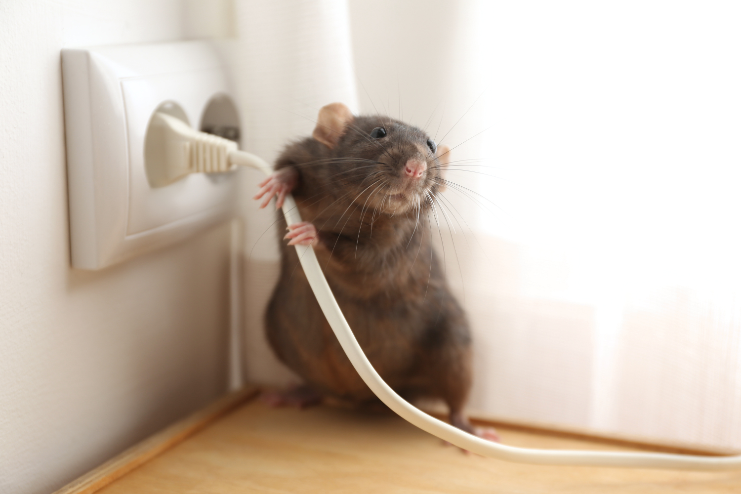 mouse getting ready to chew on an electrical cord